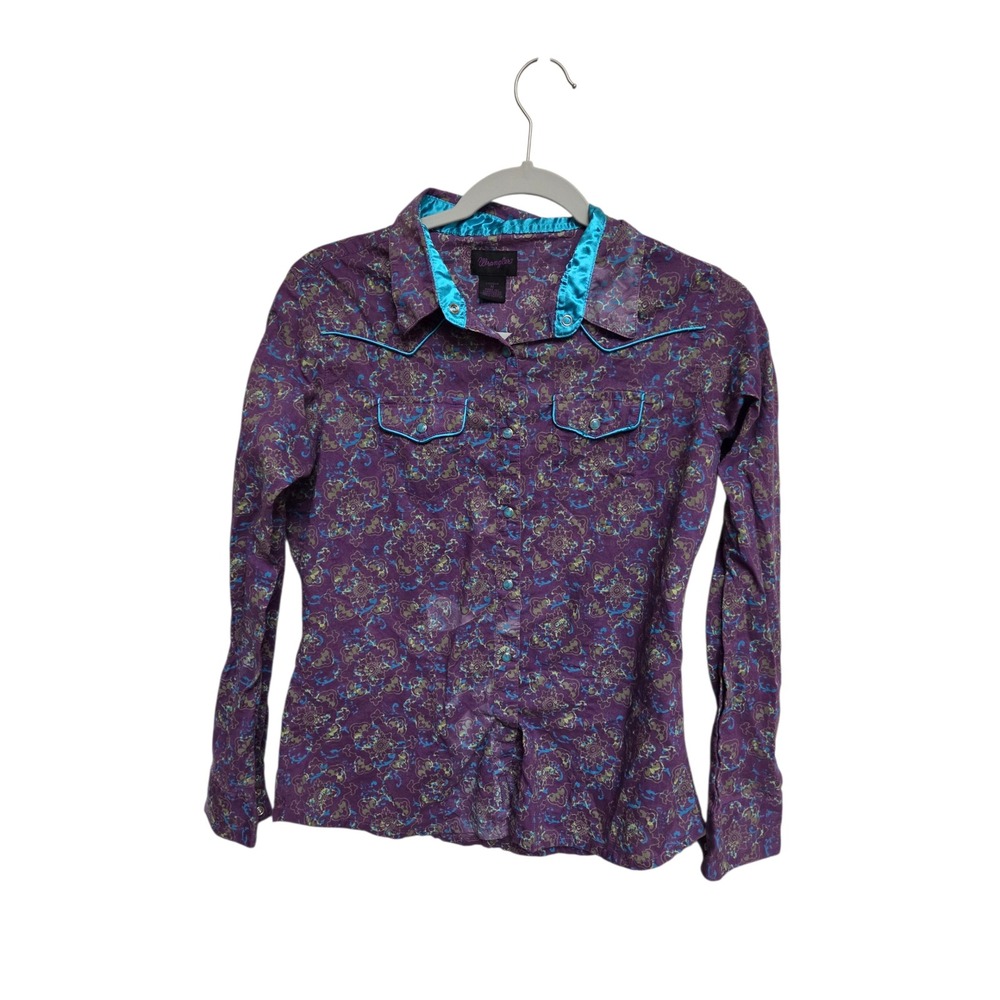 Vintage Wrangler Western Shirt Purple‎ Paisley Turquoise Trim Long Sleeve Medium